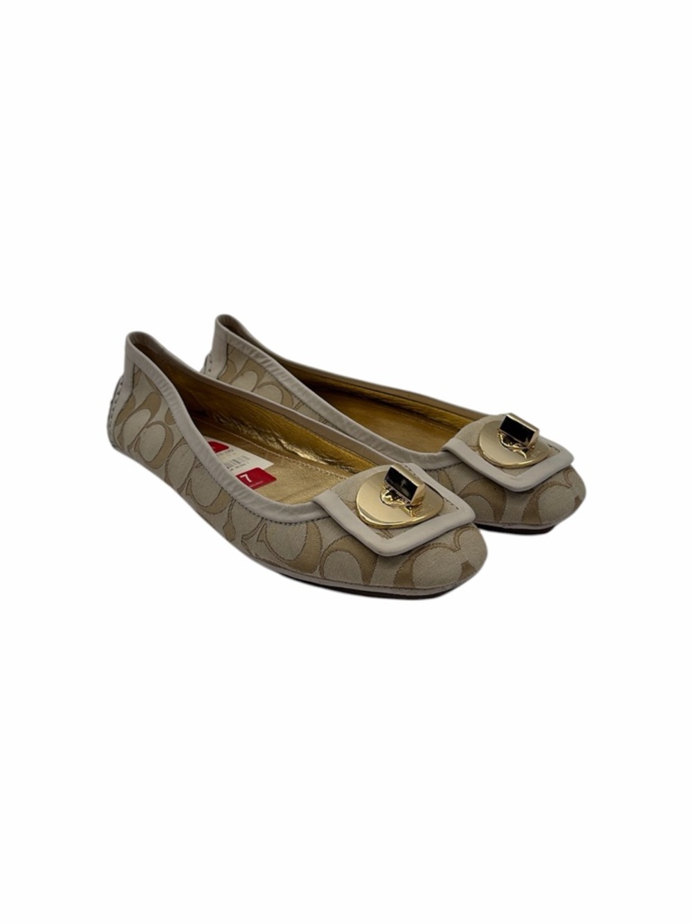 Coach Women's Light Beige Signature Canvas Ballet Flats with Gold Buckle Size 7